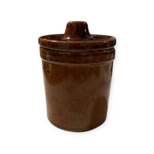 Vintage Brown Ceramic Stoneware Crock Jar w/ Lid Small Holds 1.5 Cup
